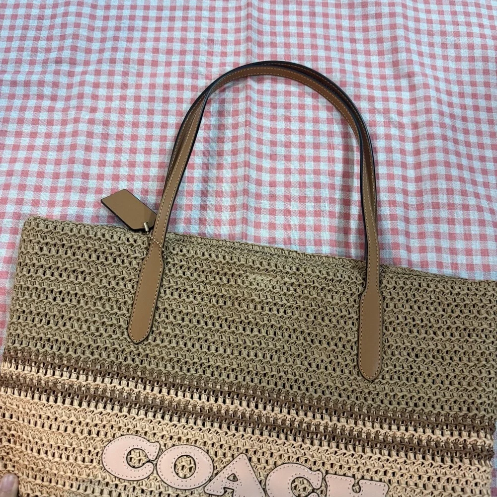 Coach Woven Straw Tote in Brown and Pink - Picture 2 of 9